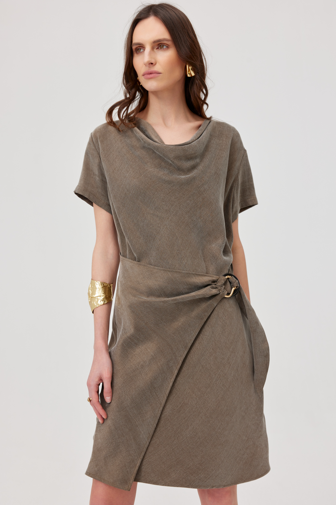 Aisha Olive Dress With A Tie Waist