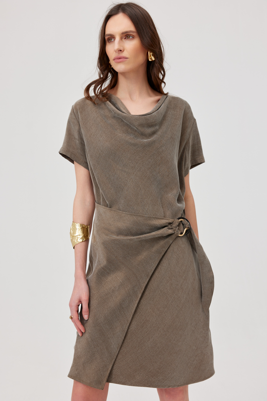 Aisha Olive Dress With A Tie Waist
