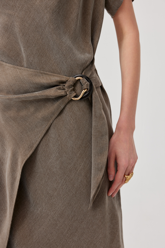 Aisha Olive Dress With A Tie Waist