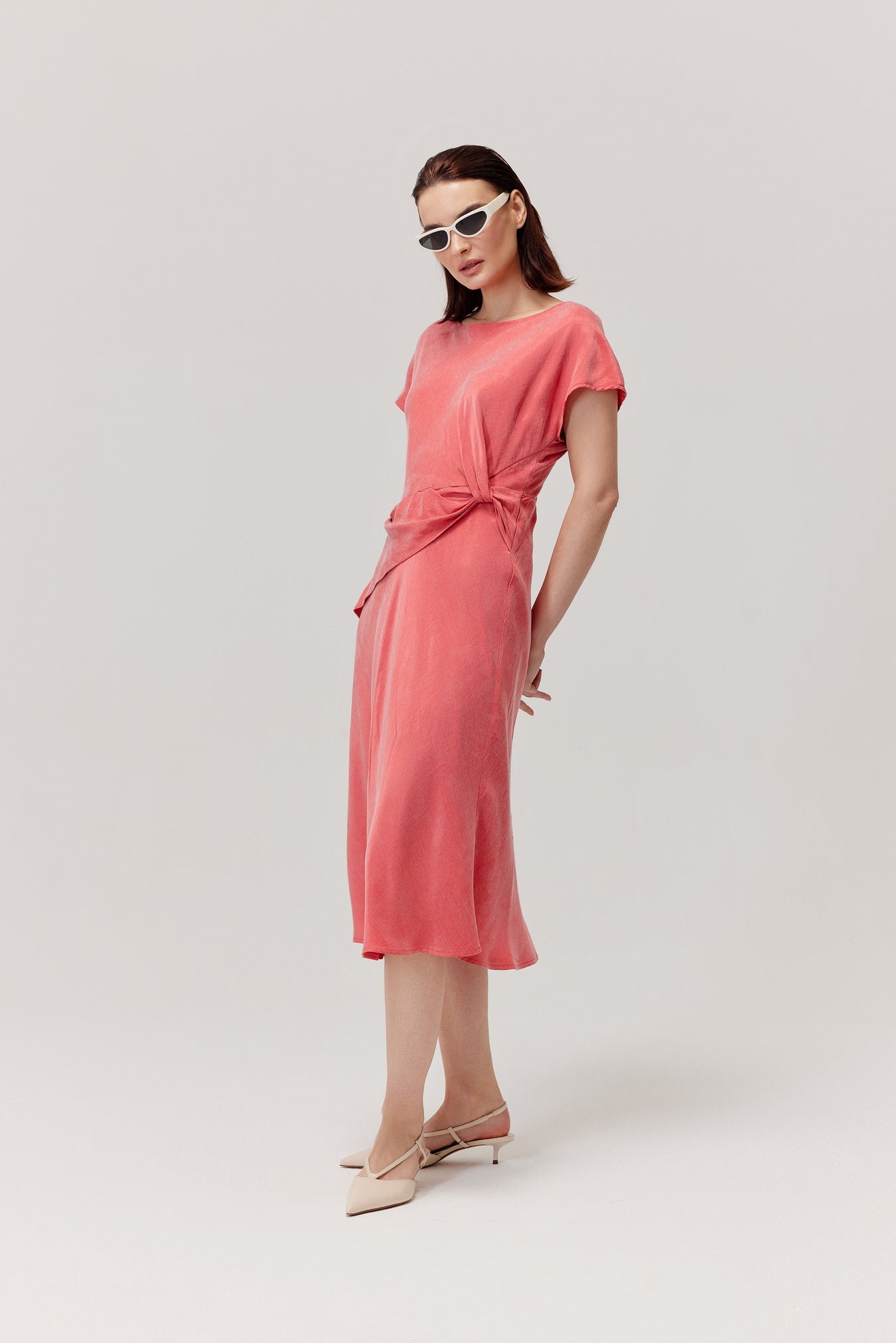 Mood Coral Red Ruched Dress