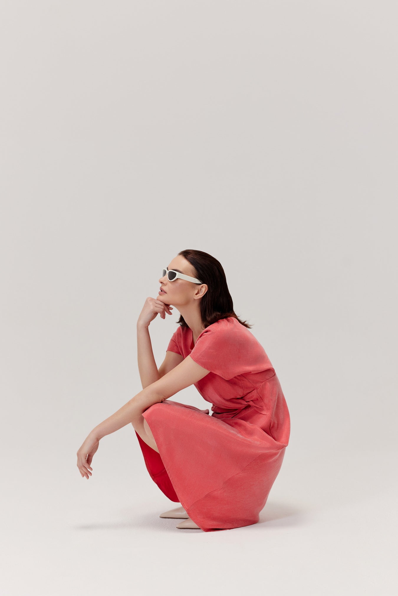 Mood Coral Red Ruched Dress