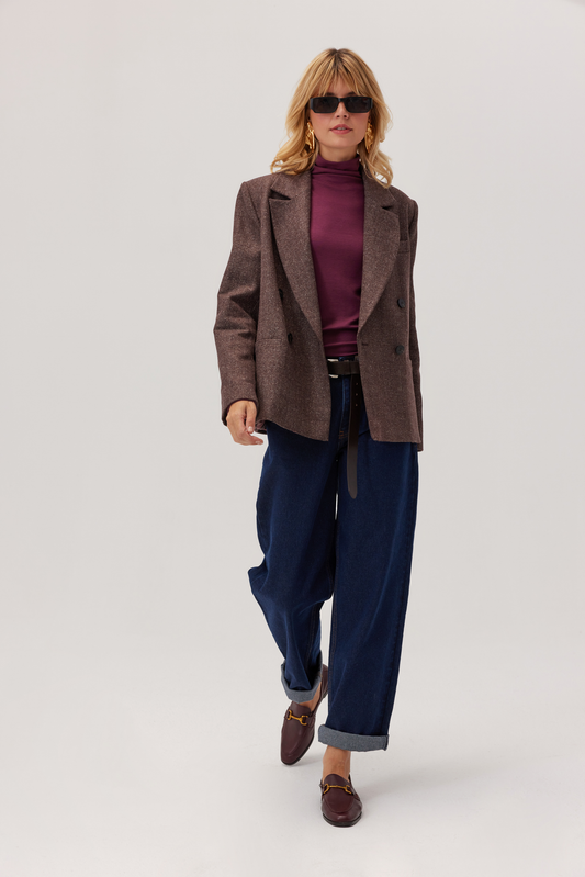 Carter Double-Breasted Herringbone Brown Jacket